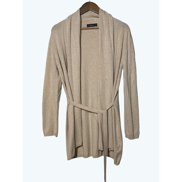 Zara Cardigan Knit Draped Tie Waist Open Sweater Beige Size Large - Picture 1 of 5